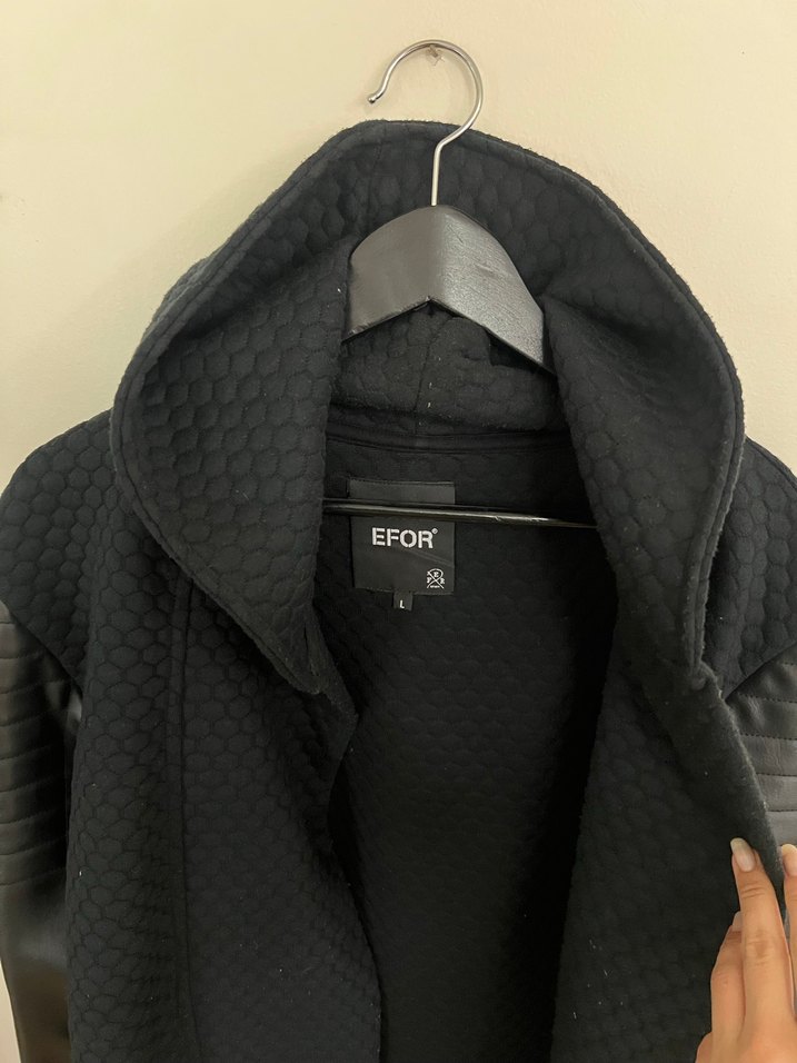 EFOR Siyah Deri Kollu Kapüşonlu Erkek Ceket - Görsel 4