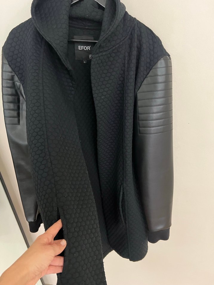EFOR Siyah Deri Kollu Kapüşonlu Erkek Ceket - Görsel 2