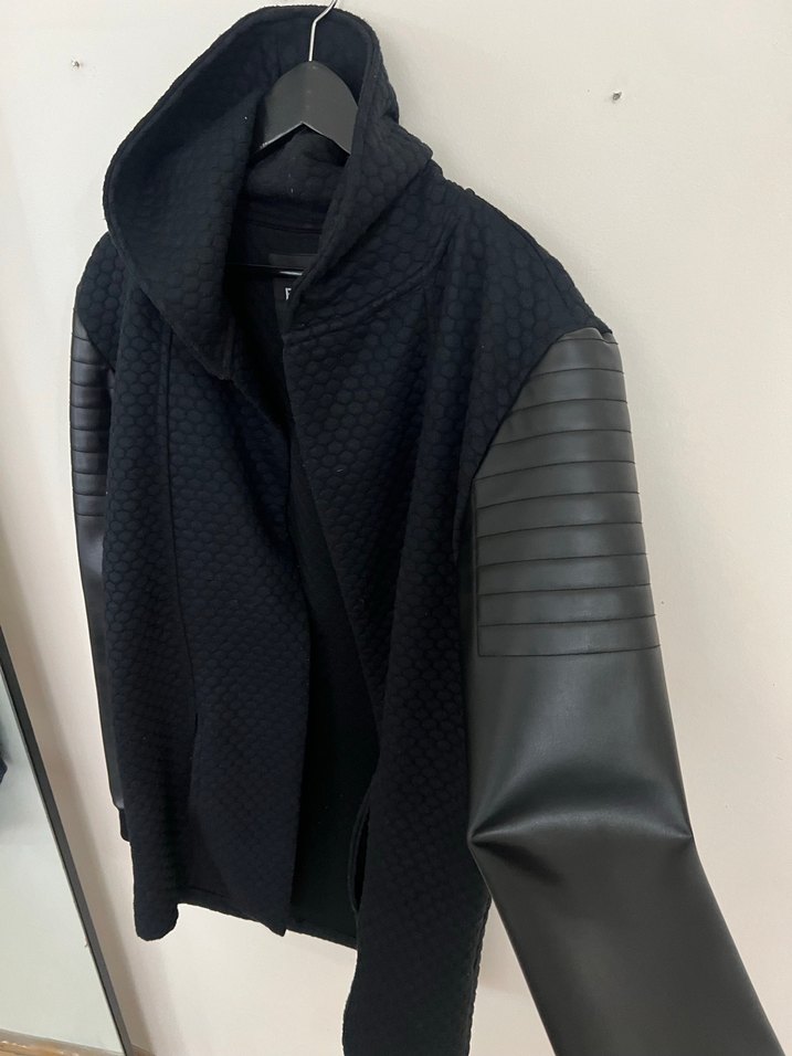 EFOR Siyah Deri Kollu Kapüşonlu Erkek Ceket - Görsel 3