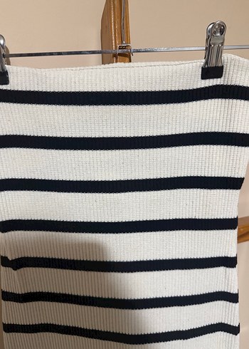 Çizgili Beyaz Uzun Straplez Elbise - Görsel 2