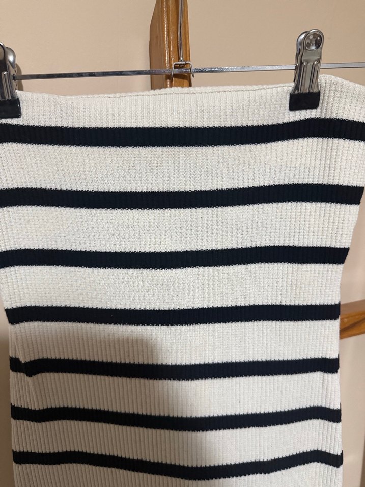 Çizgili Beyaz Uzun Straplez Elbise - Görsel 2