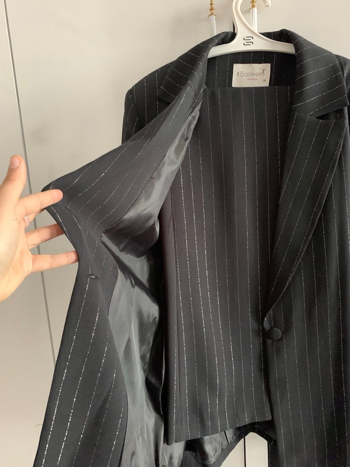 Kadın Siyah Çizgili Kuşaklı Blazer Takım - Görsel 3