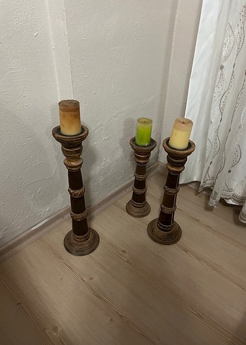 Koyu Bej Ahşap Mumluk Seti