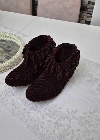 Kızlar için Örgü Kahverengi Sıcak Ev Terliği - Görsel 2