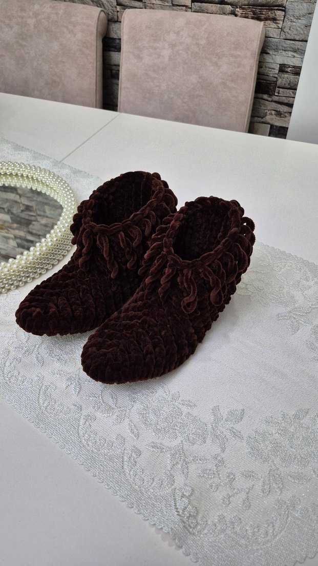 Kızlar için Örgü Kahverengi Sıcak Ev Terliği - Görsel 2