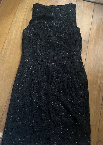 mango boncuk İşlemeli parıltılı Siyah Midi Abiye Elbise - Görsel 3