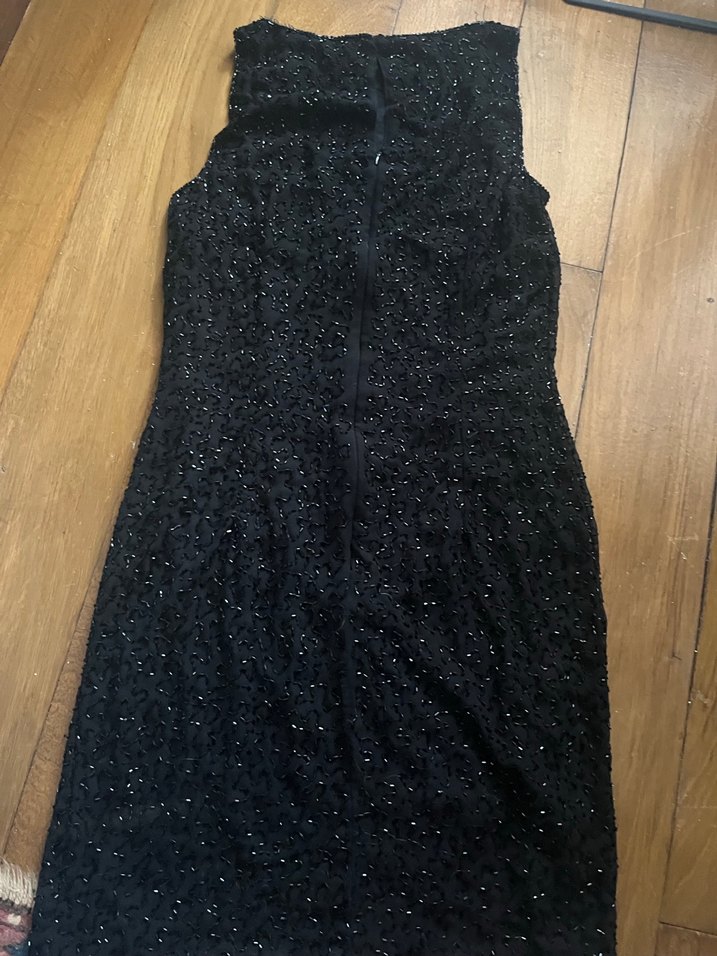 mango boncuk İşlemeli parıltılı Siyah Midi Abiye Elbise - Görsel 3