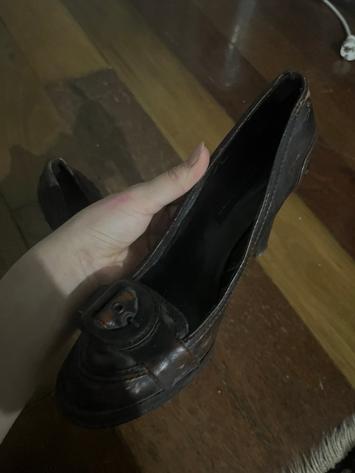 Kahverengi Deri vintage topuklu ayakkabı - Görsel 3