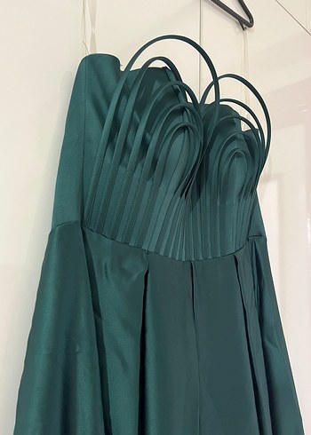 Straplez Turkuaz Uzun Drapeli Kadın Abiye - Görsel 3