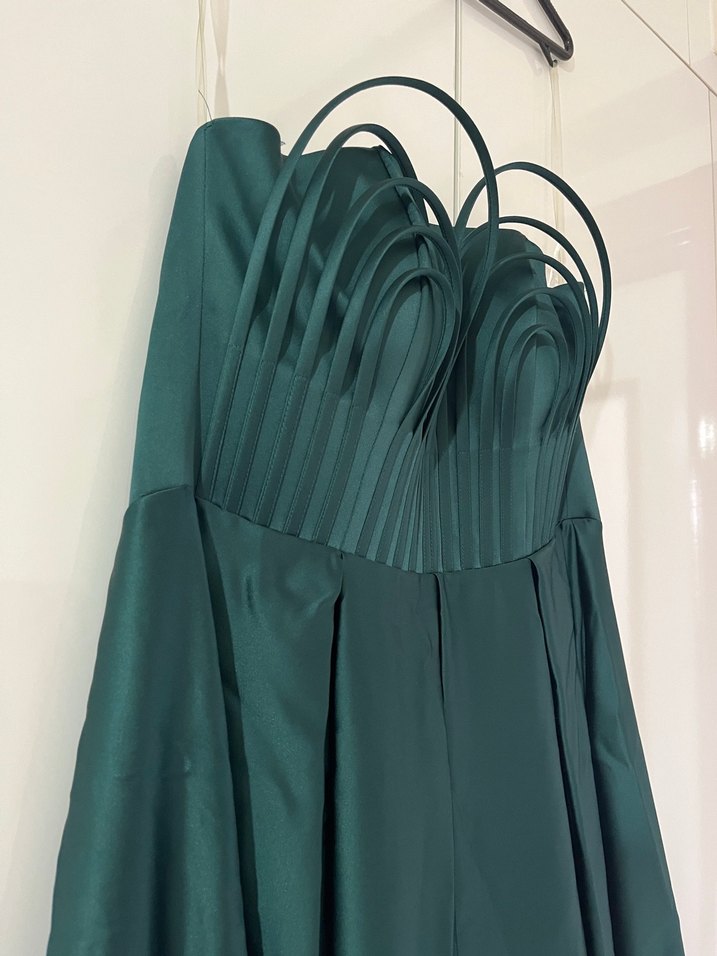 Straplez Turkuaz Uzun Drapeli Kadın Abiye - Görsel 3