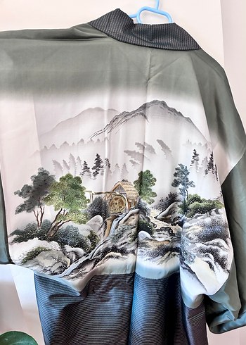 Uzun Yeşil Baskılı İpek Japon Kimono - Görsel 5