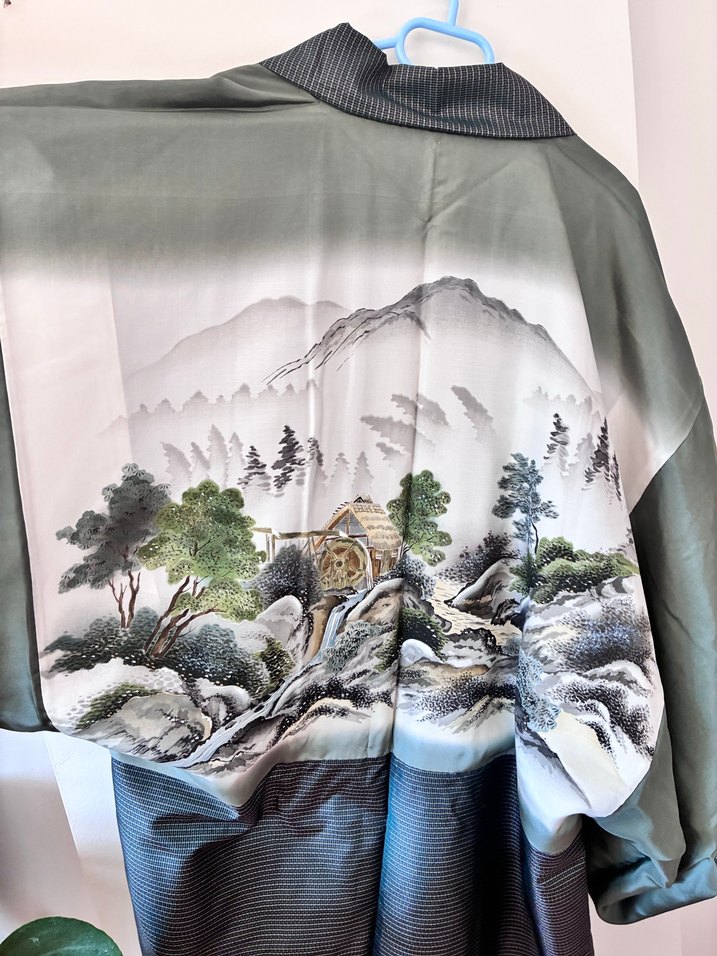 Uzun Yeşil Baskılı İpek Japon Kimono - Görsel 5