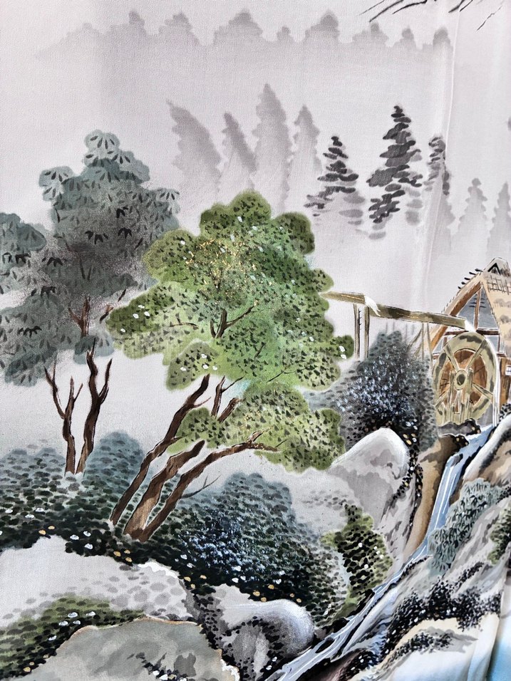 Uzun Yeşil Baskılı İpek Japon Kimono - Görsel 4