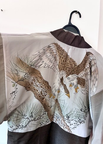 Kuş Desenli Kahverengi Japon ipek  Kimono - Görsel 3