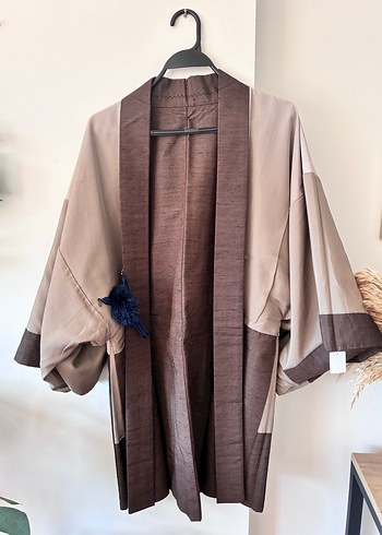 Kuş Desenli Kahverengi Japon ipek  Kimono - Görsel 2