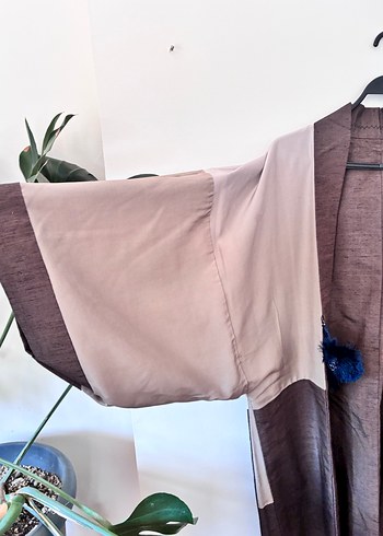 Kuş Desenli Kahverengi Japon ipek  Kimono - Görsel 6