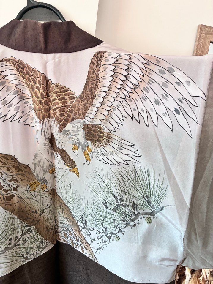 Kuş Desenli Kahverengi Japon ipek  Kimono - Görsel 5