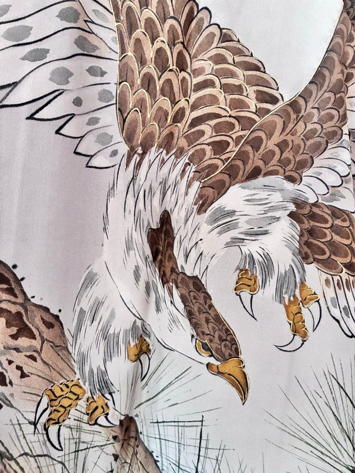 Kuş Desenli Kahverengi Japon ipek  Kimono - Görsel 4