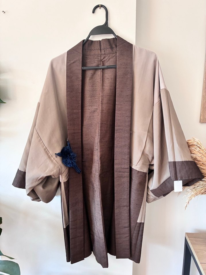 Kuş Desenli Kahverengi Japon ipek  Kimono - Görsel 2