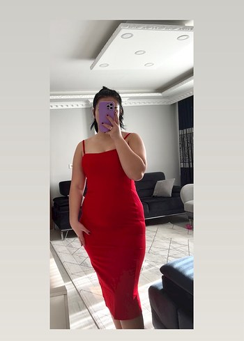 Kırmızı Askılı Midi Kalem Elbise