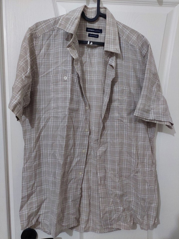 Erkek Keten Kısa Kollu Gri Düğmeli Gömlek - Görsel 2