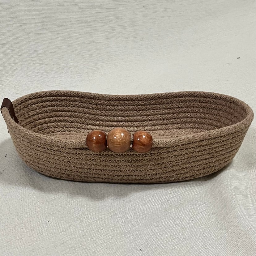 Ahşap Boncuklu Kahverengi Dekoratif Bohem Sepet - Görsel 3