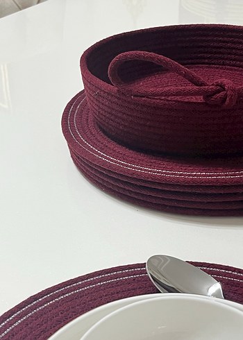 Bordo Renk Gri Kenar Detaylı 6lı Sofra Servisi ve Ekmek Sepeti - Görsel 2