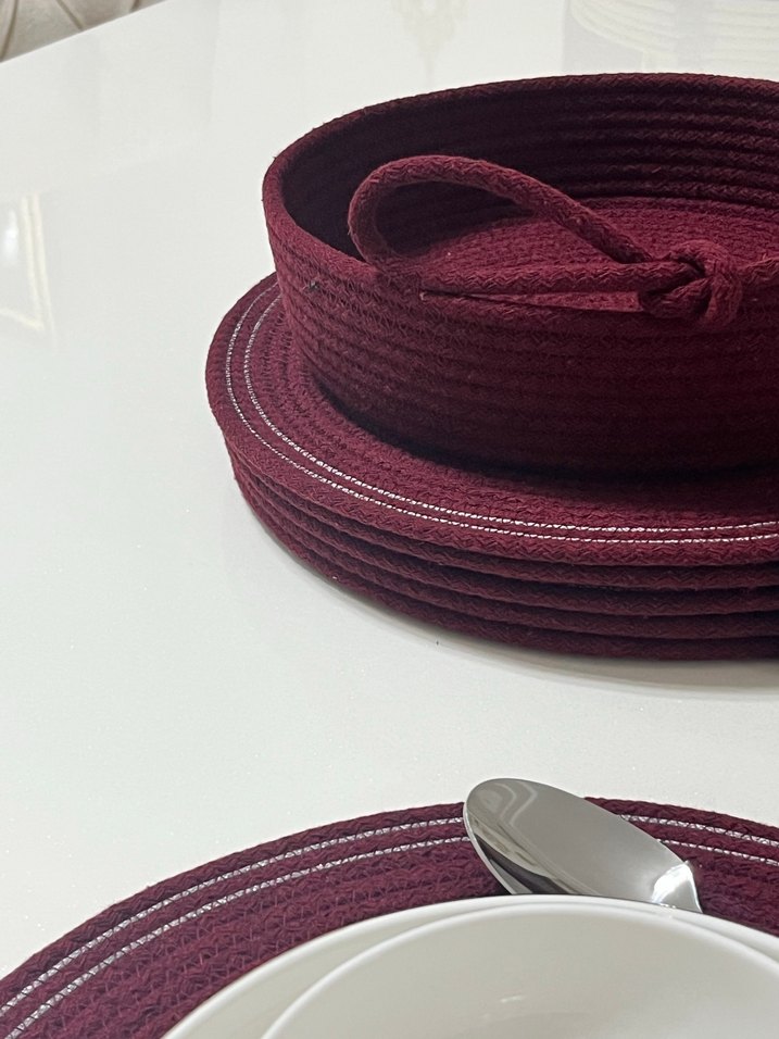 Bordo Renk Gri Kenar Detaylı 6lı Sofra Servisi ve Ekmek Sepeti - Görsel 2