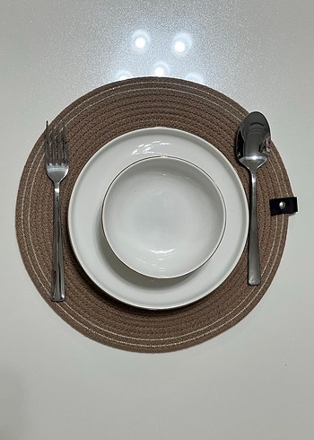 Simli İşlemeli Kahverengi 6lı Servis Takımı ve Ekmek Sepeti - Görsel 2