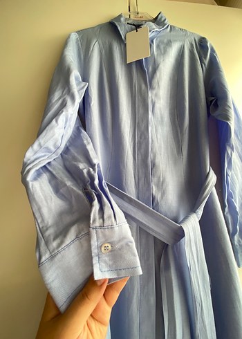 Trendyol Mavi Kuşaklı Pamuklu Dokuma Elbise - Görsel 3