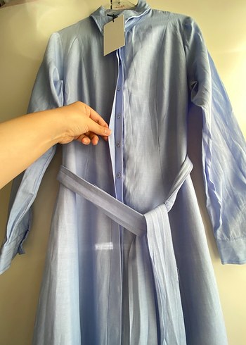 Trendyol Mavi Kuşaklı Pamuklu Dokuma Elbise - Görsel 4