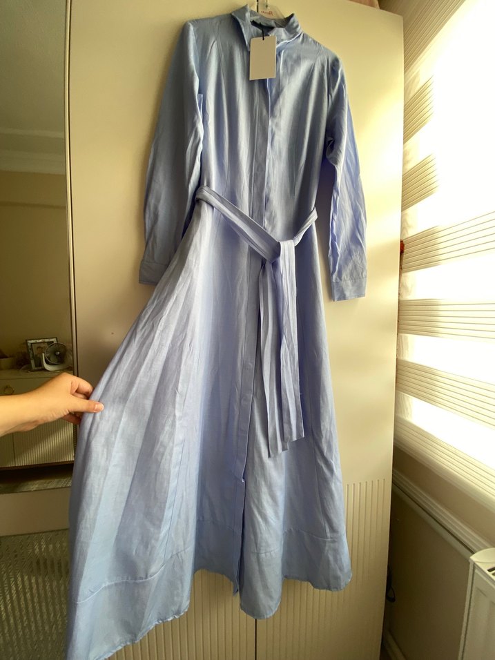 Trendyol Mavi Kuşaklı Pamuklu Dokuma Elbise - Görsel 2