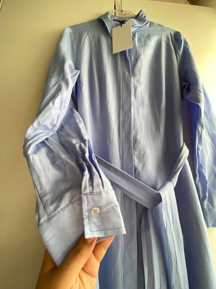 Trendyol Mavi Kuşaklı Pamuklu Dokuma Elbise - Görsel 3