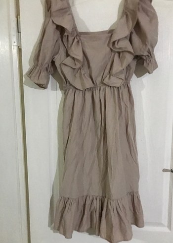 Zara Bej Keten Midi Volanlı Elbise