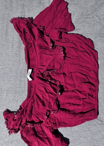 l Beden Bordo Keten Kadın Bluz, Fırfırlı, Salaş Kesim