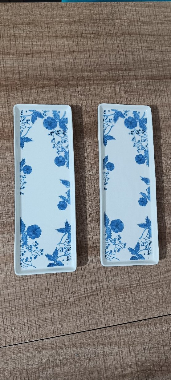 Mavi Çiçek Desenli Gri Seramik Tabak - Görsel 2