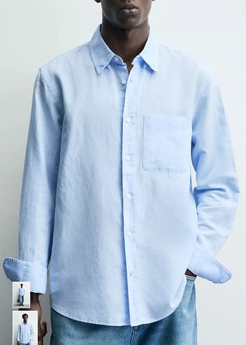 Mavi Keten Erkek Gömlek - Görsel 5