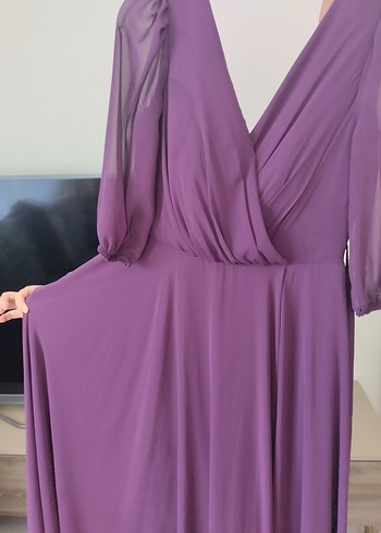 Drapeli Mor V Yaka Uzun Abiye Elbise - Görsel 5