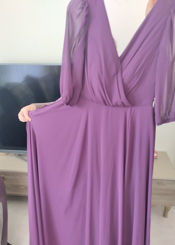 Drapeli Mor V Yaka Uzun Abiye Elbise - Görsel 6