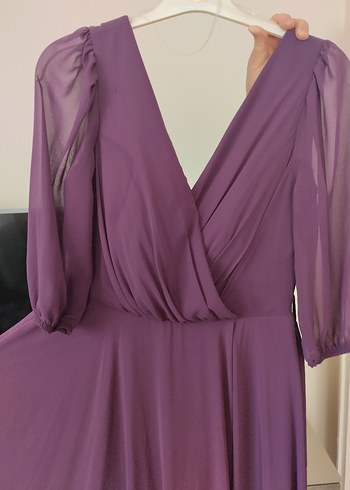 Drapeli Mor V Yaka Uzun Abiye Elbise - Görsel 4