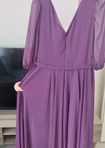 Drapeli Mor V Yaka Uzun Abiye Elbise - Görsel 3
