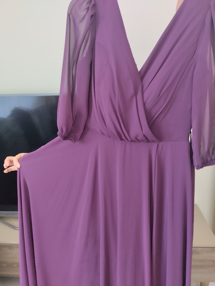 Drapeli Mor V Yaka Uzun Abiye Elbise - Görsel 5