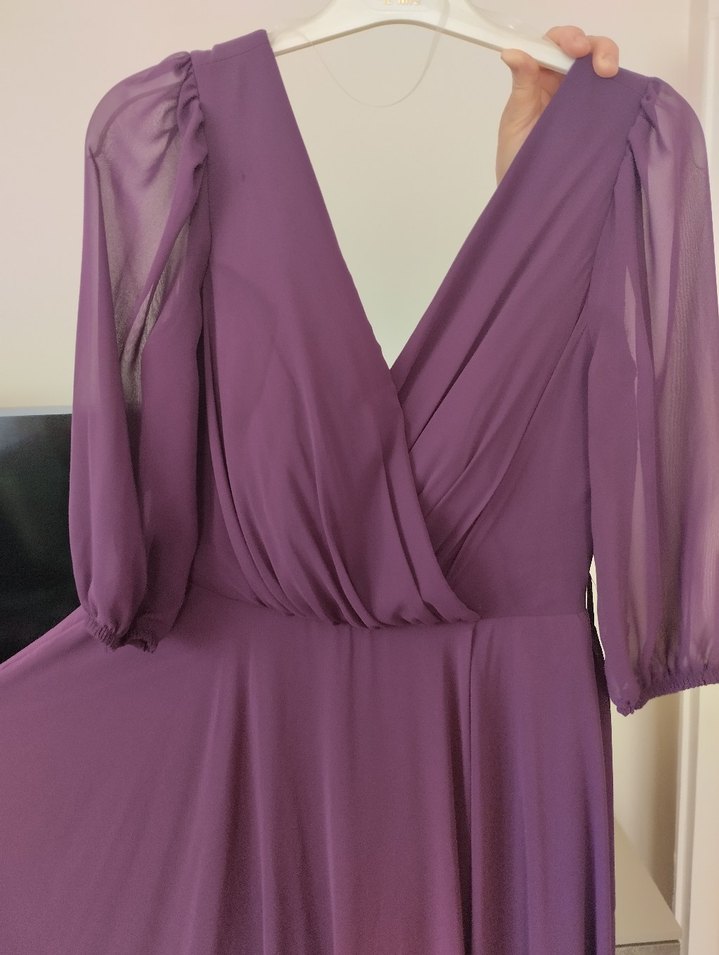 Drapeli Mor V Yaka Uzun Abiye Elbise - Görsel 4