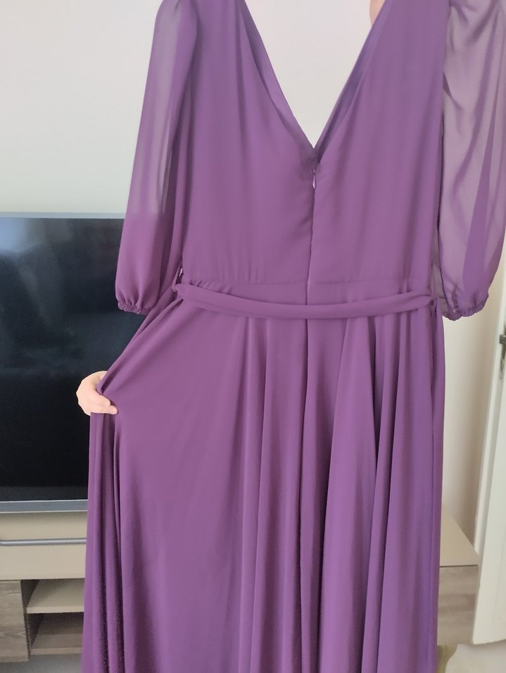 Drapeli Mor V Yaka Uzun Abiye Elbise - Görsel 3