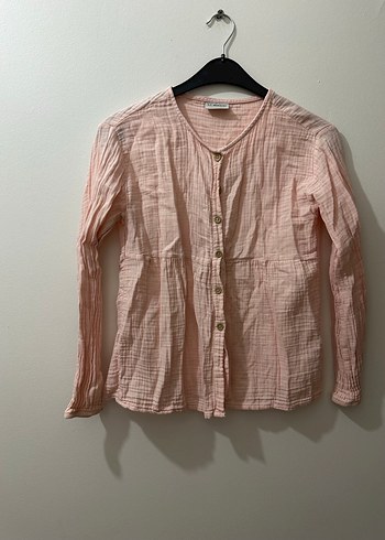 Pembe Düğmeli Uzun Kollu Keten cocuk Gömlek - Görsel 3