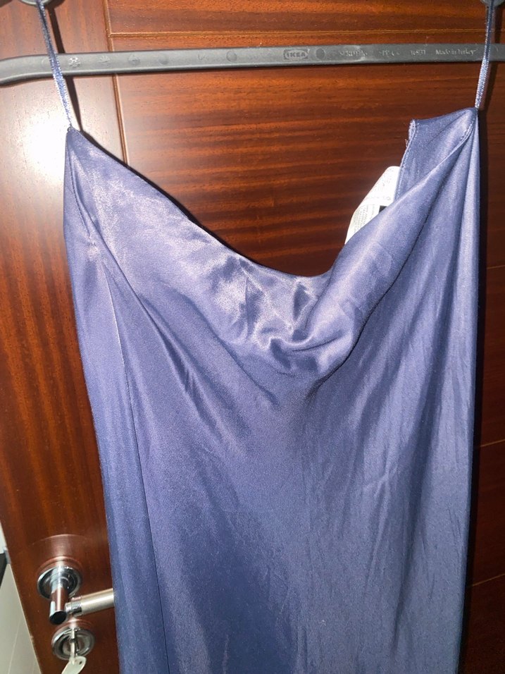 Lacivert Uzun Saten Kadın Etek - Görsel 4