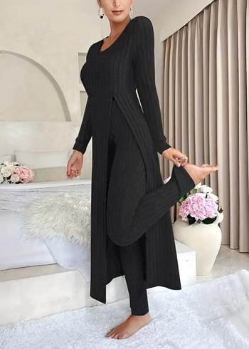 Gri Uzun Kollu Rahat Kadın Pijama Takımı - Görsel 3