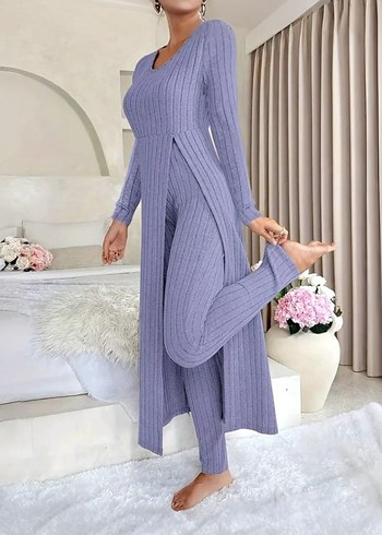 Gri Uzun Kollu Rahat Kadın Pijama Takımı - Görsel 4