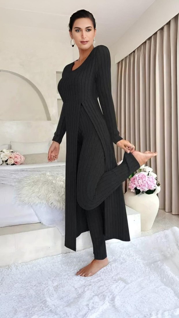 Gri Uzun Kollu Rahat Kadın Pijama Takımı - Görsel 3