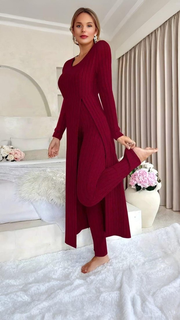 Gri Uzun Kollu Rahat Kadın Pijama Takımı - Görsel 2